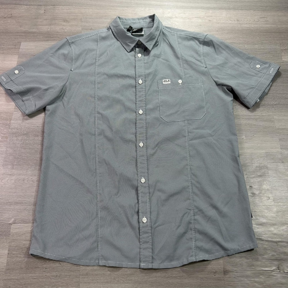 Jack Wolfskin Shirt Mens Large Gray Check Short Sleeve Button Up Slim Fit